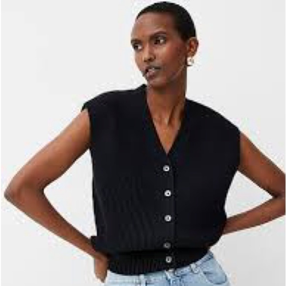 Ribbed Knit V-Neck Button Front Vest by Contemporaine